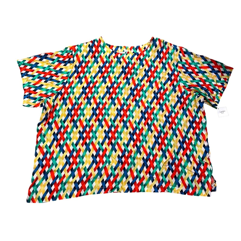 Vintage Washable Silk Blouse Bedford Fair 3X Colorful Basket Weave Print